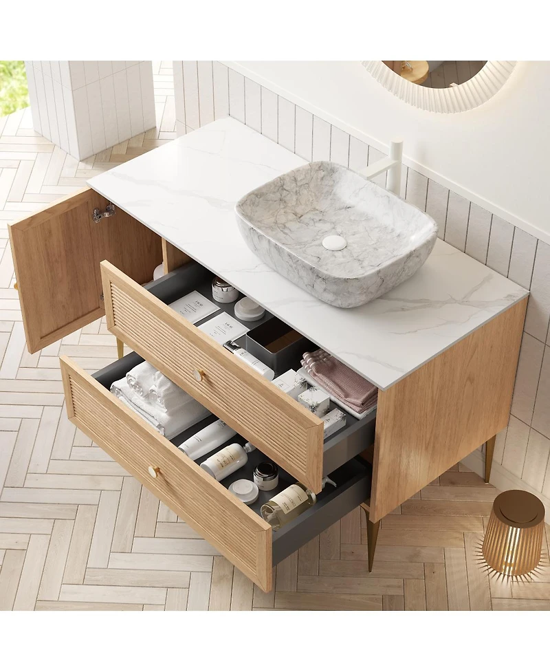 Sillysis 36 Inch Modern Bathroom Vanity with Ceramic Basin, Sintered Stone Countertop, 2 Drawers and 1 Door