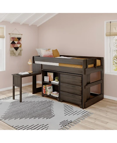Max & Lily Modern Farmhouse Low Loft Bed, Twin Bed Frame for Kids with 3-Drawer Dresser, 2-Shelf Bookcase and Hook-on Desk