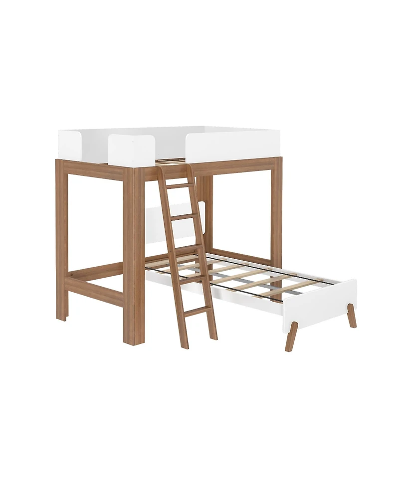 Max and Lily Mid-Century Modern Twin over L-Shaped Bunk Bed, Solid Wood, White/Pecan