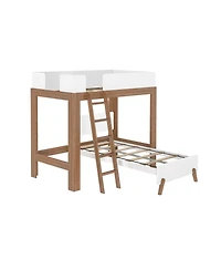 Max and Lily Mid-Century Modern Twin over L-Shaped Bunk Bed, Solid Wood, White/Pecan