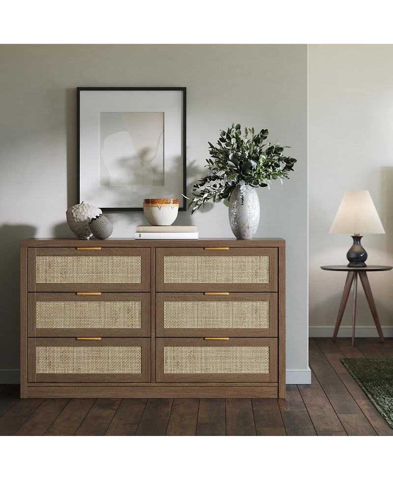 gaomon 6-Drawer Dresser for Bedroom, 57.2" Wide Rattan Dresser Modern Wood Chest with Metal Handles