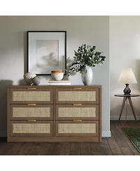 gaomon 6-Drawer Dresser for Bedroom, 57.2" Wide Rattan Dresser Modern Wood Chest with Metal Handles