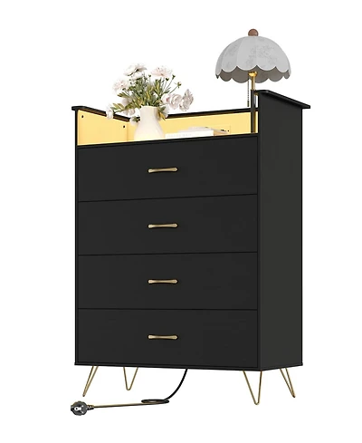 gaomon Tall 4 Drawer Dresser with Rgb Led Lights and Charging Station, App Controlled Storage Cabinet for Bedroom