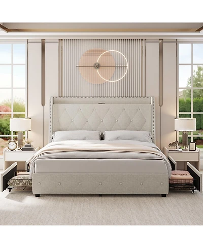 gaomon Upholstered Bed Frame with 4 Drawers, Charging Station and Wingback Headboard