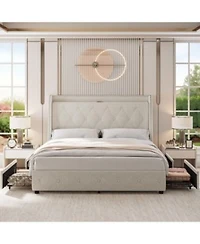 Gaomon Upholstered Bed Frame With 4 Drawers Charging Station Wingback Headboard No Box Spring