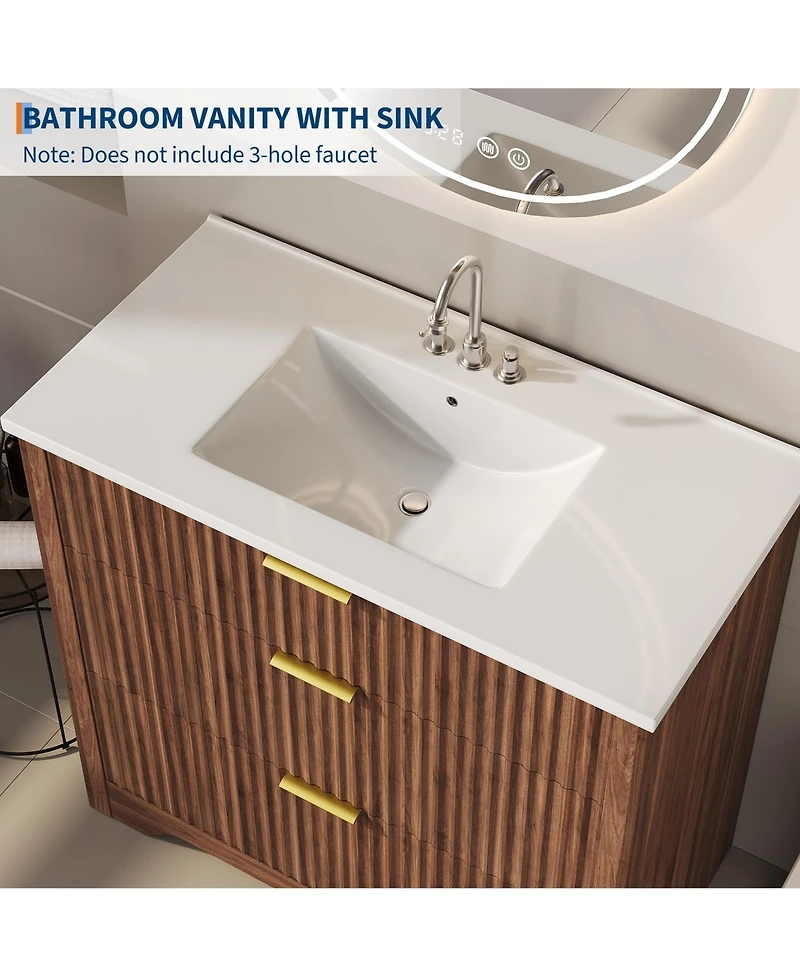 Gaomon Fluted Bathroom Vanity with Ceramic Sink Freestanding Cabinet with Soft-Close Drawers and 1 Rotating-Down Drawer 36 In