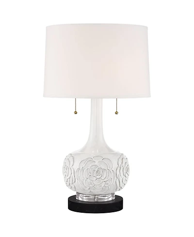 Possini Euro Design Natalia Country Cottage Table Lamp with Round Marble Riser 27" Tall Floral Ceramic Drum Shade for Bedroom Living Room
