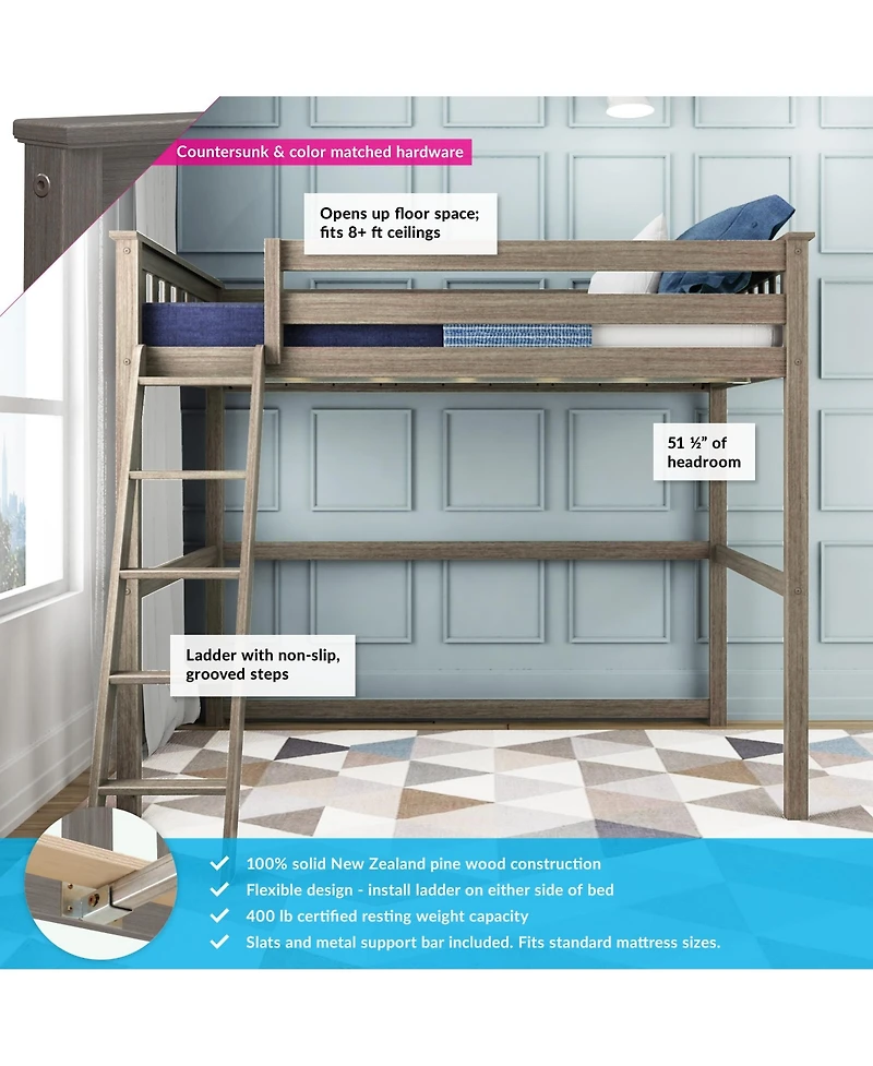 Max and Lily High Loft Bed, Twin Bed Frame For Kids, Clay