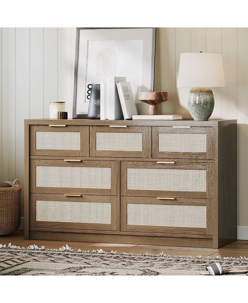 gaomon 7-Drawer Dresser for Bedroom, 52" Wide Rattan Modern Wood Chest with Metal Handles