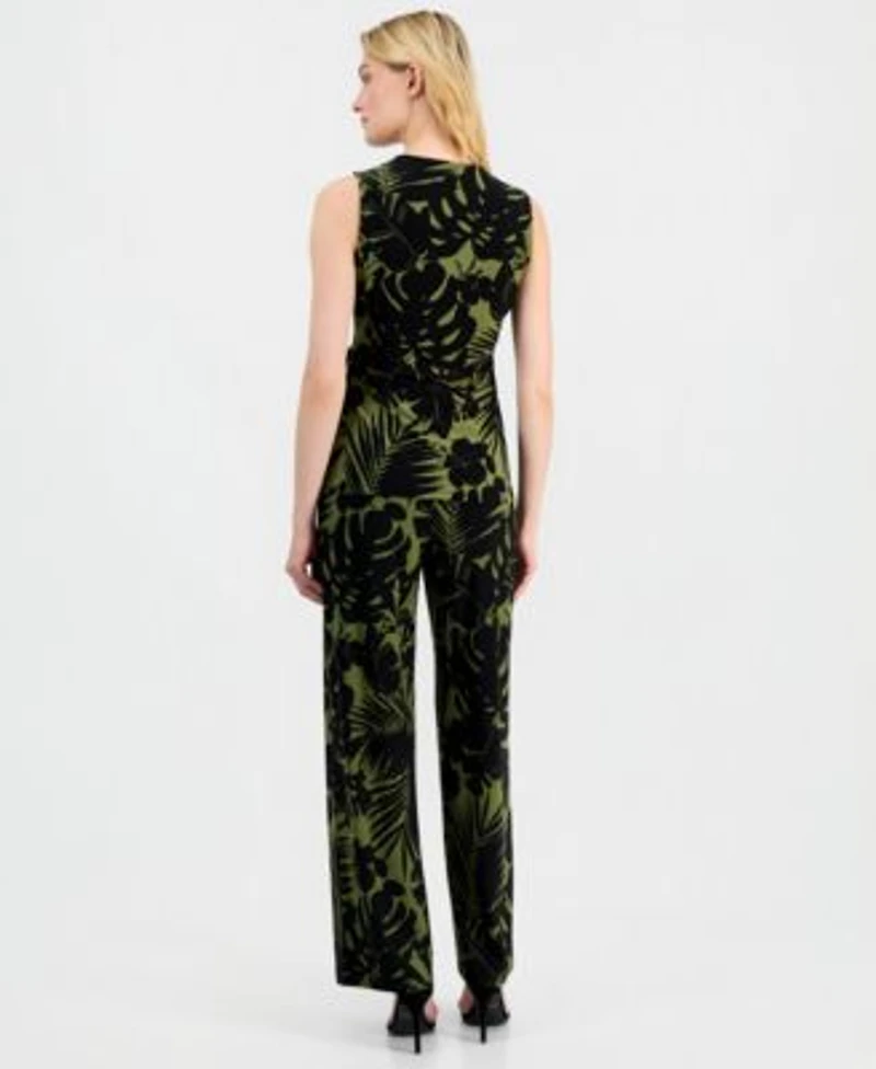 Anne Klein Womens Printed Sleeveless Faux Wrap Top Printed High Rise Wide Leg Pants