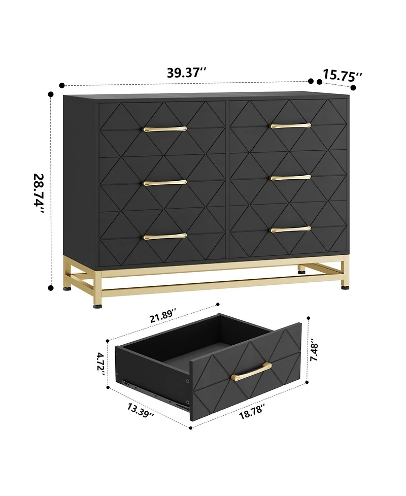 gaomon 6 Drawer Wood Dresser for Bedroom, Modern Storage Chest with Gold Handles and Metal Base