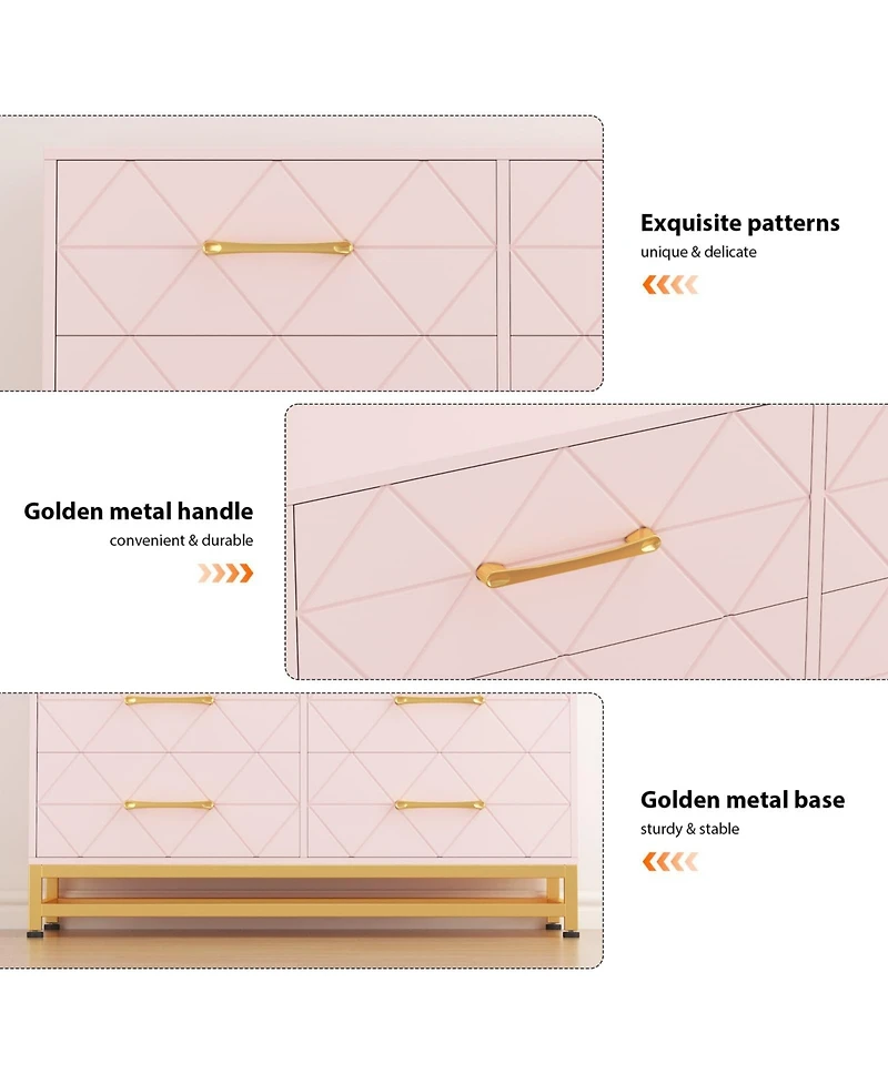 gaomon 6 Drawer Wood Dresser for Bedroom, Modern Storage Chest with Gold Handles and Metal Base