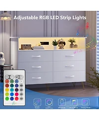gaomon 6 Drawer Dresser with Led Lights and Charging Station, Wood Storage Chest Steel Frame