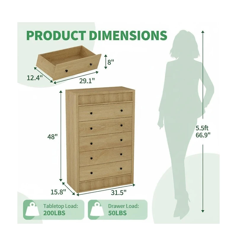 gaomon Fluted 5 Drawer Tall Wooden Dresser, 31.5" Wide Modern Storage Cabinet for Bedroom