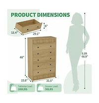gaomon Fluted 5 Drawer Tall Wooden Dresser, 31.5" Wide Modern Storage Cabinet for Bedroom