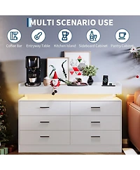 gaomon Led Tv Stand Cabinet with Charging Station, Floating Countertop Coffee Bar Sideboard with 6 Drawers Storage