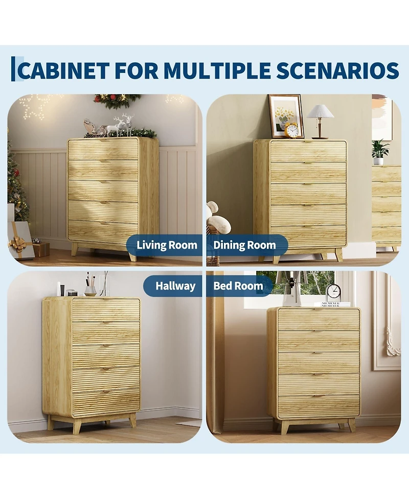 gaomon Fluted 5 Drawer Dresser with Gold Handles, 46" Tall Wood Storage Cabinet with Curved Profile for Bedroom