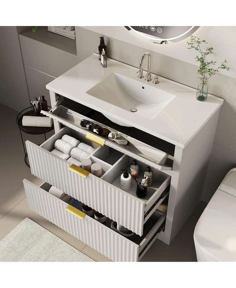 Gaomon Fluted Bathroom Vanity with Ceramic Sink Freestanding Cabinet with Soft-Close Drawers and 1 Rotating-Down Drawer 36 In