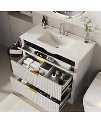 Gaomon Fluted Bathroom Vanity with Ceramic Sink Freestanding Cabinet with Soft-Close Drawers and 1 Rotating-Down Drawer 36 In