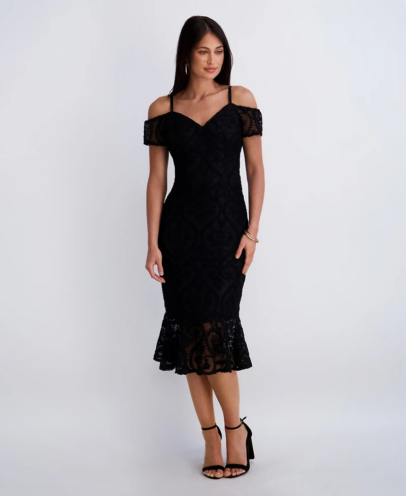Siena Women's Crochet Lace Removable Straps Sweetheart Neck Midi Dress