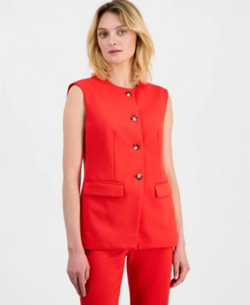 Anne Klein Womens Crewneck Button Front Vest Stretch Crepe Pull On Hollywood Waist Straight Ankle Pants