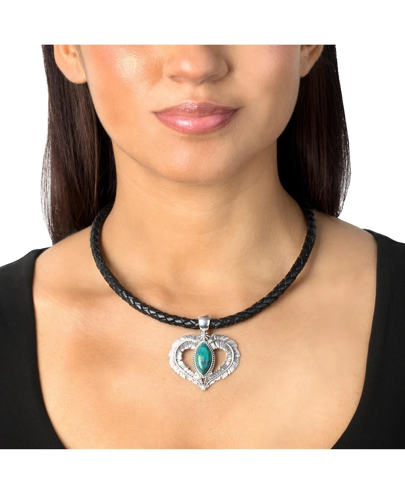 American West Jewelry Sterling Silver Chrysocolla Feather Heart Pendant Enhancer