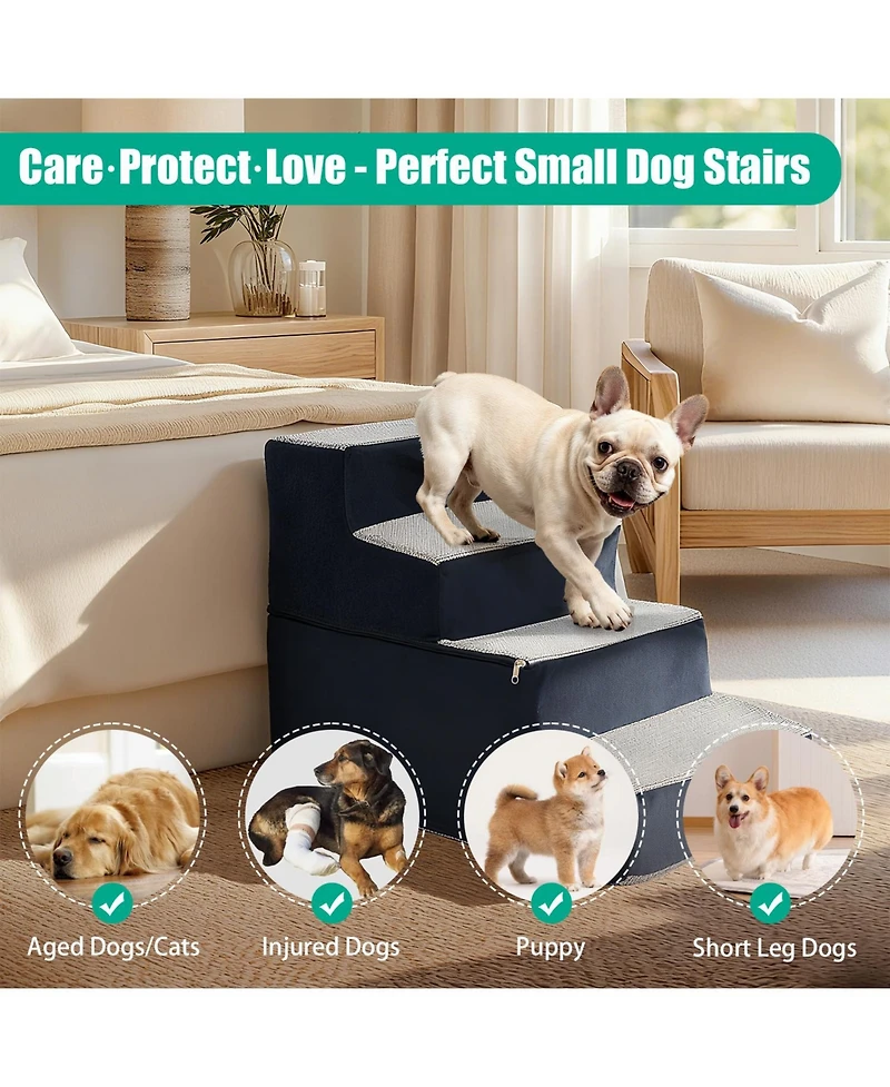 Aostirmotor 4-Step Dog Stairs for Small Medium Dogs and Cats, 18"H High Density Foam Pet Ramp with Non-Slip Bottom, Grey