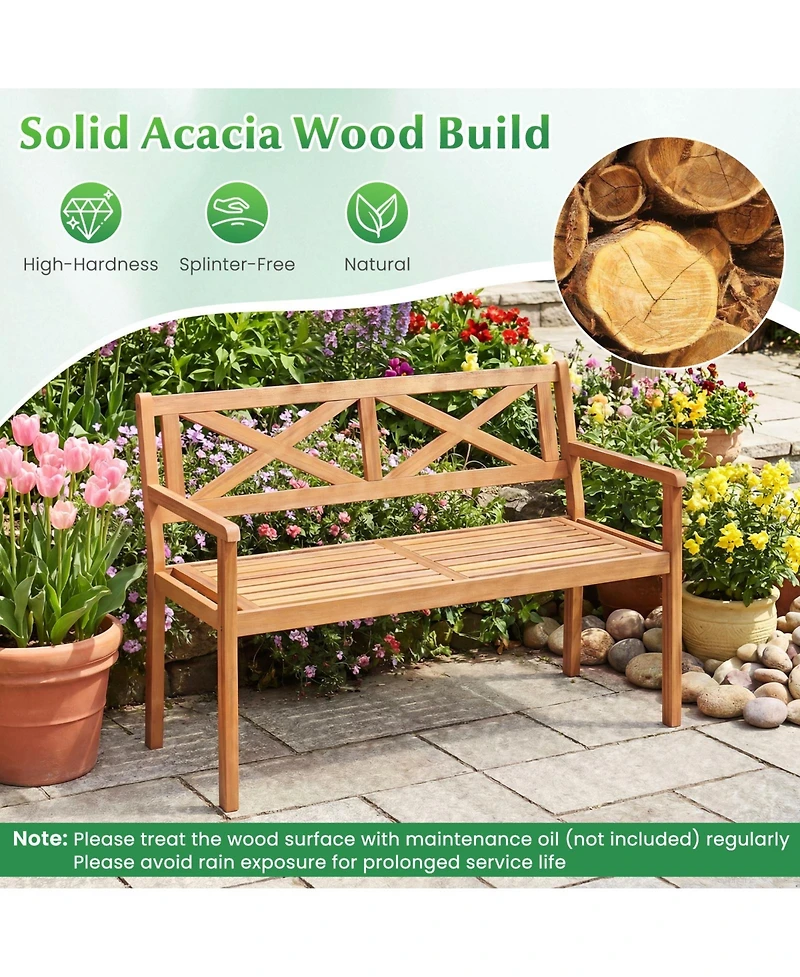 Gymax Outdoor Loveseat Bench 2-Person Patio Acacia Wood Garden Chair w/ Armrests