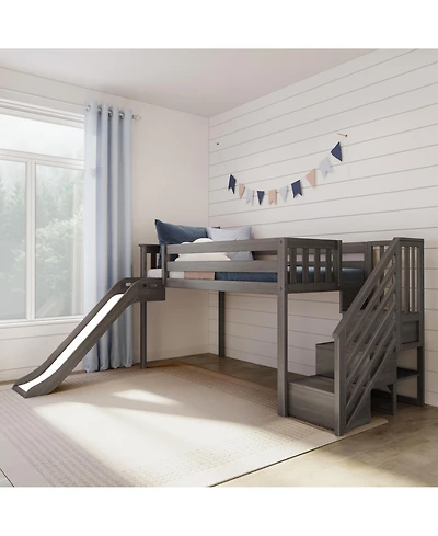 Max and Lily Twin Low Loft Bed with Slide Stairs, Solid Wood Kids Platform 14" Guardrails