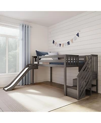 Max and Lily Twin Low Loft Bed with Slide Stairs, Solid Wood Kids Platform 14" Guardrails