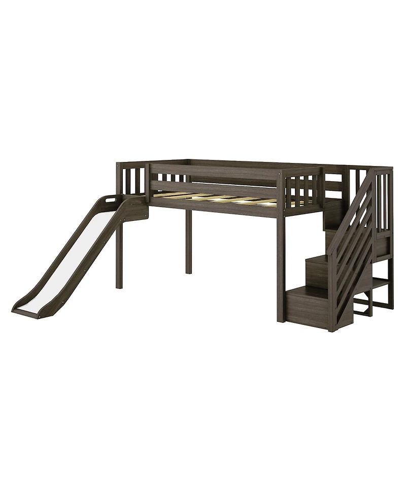 Max and Lily Twin Low Loft Bed with Slide Stairs, Solid Wood Kids Platform 14" Guardrails