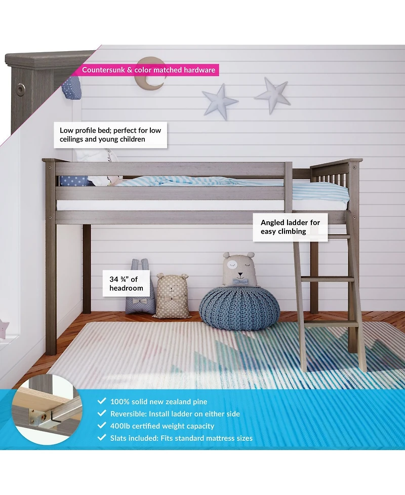 Max and Lily Twin Loft Bed, Solid Wood Beds with Ladder for Kids, Pecan