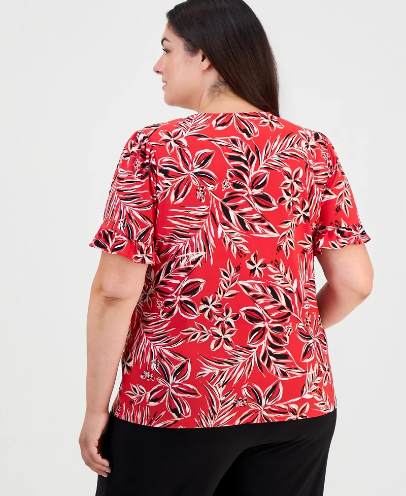 Anne Klein Essentials Plus Ruffled-Cuff Short-Sleeve Top