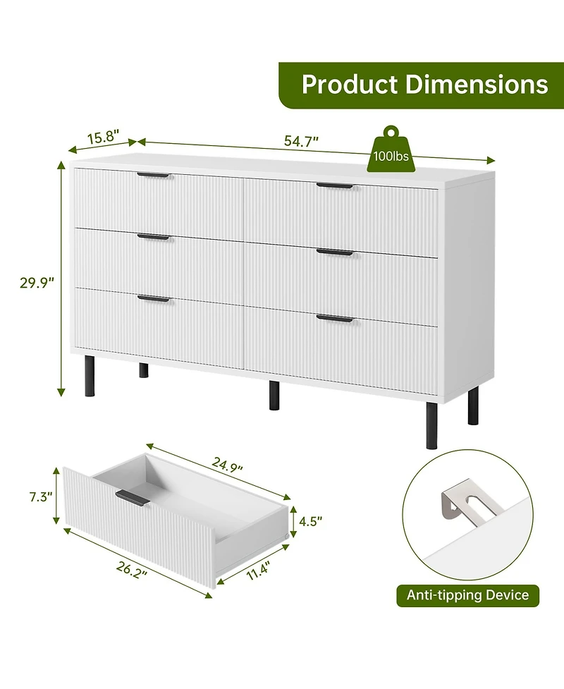 gaomon 6-Drawer Fluted Dresser for Bedroom, Modern Wide Chest of Drawers with Metal Legs Storage Cabinet