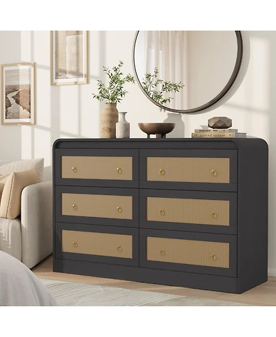 gaomon 6 Drawer Rattan Dresser with Rounded Corners, 46" Wide Modern Wooden Storage Cabinet for Bedroom Living Room