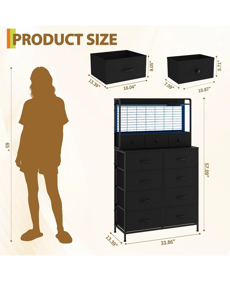 gaomon 11 Drawer Fabric Dresser with Charging Station, Wireless Charger and Rgb Led Lights Storage Organizer