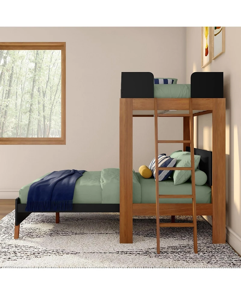 Max & Lily Mid-Century Modern L-Shaped Twin Over Queen Bunk Bed With Ladder on End