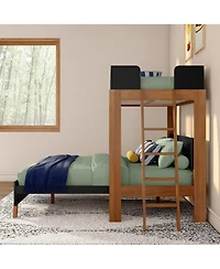 Max & Lily Mid-Century Modern L-Shaped Twin Over Queen Bunk Bed With Ladder on End