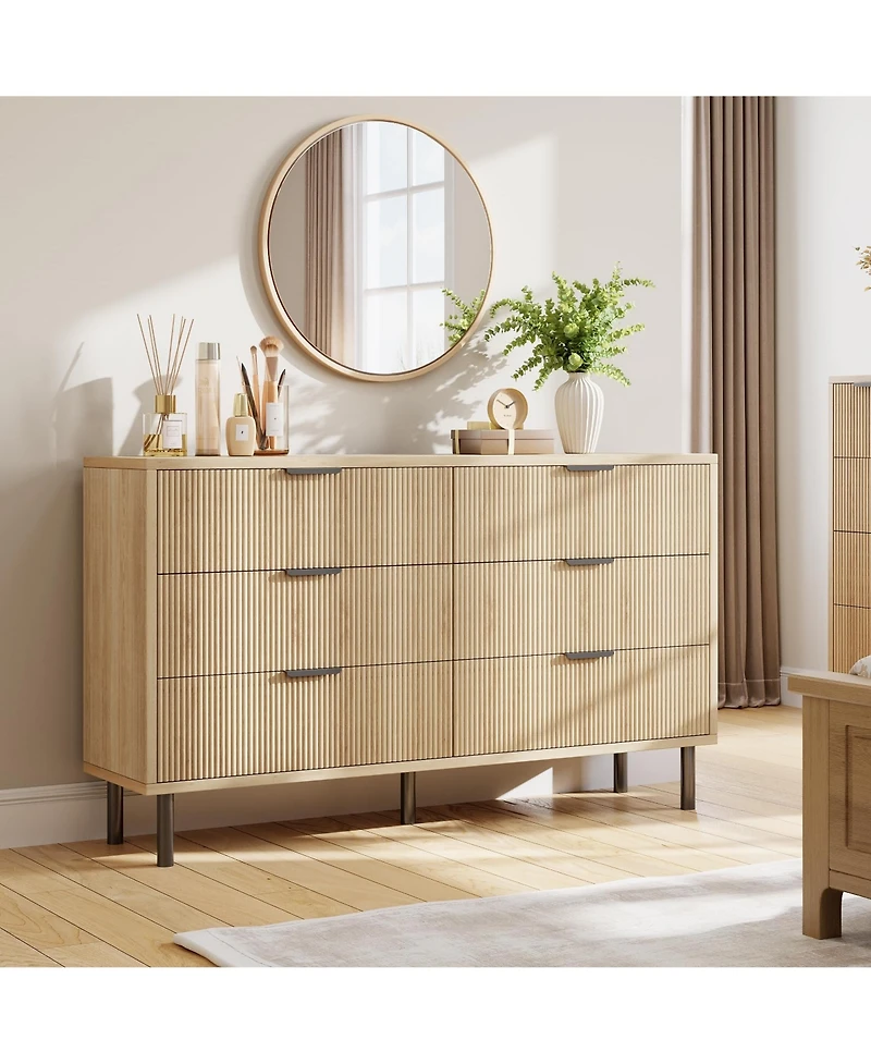 gaomon 6-Drawer Fluted Dresser for Bedroom, Modern Wide Chest of Drawers with Metal Legs Storage Cabinet