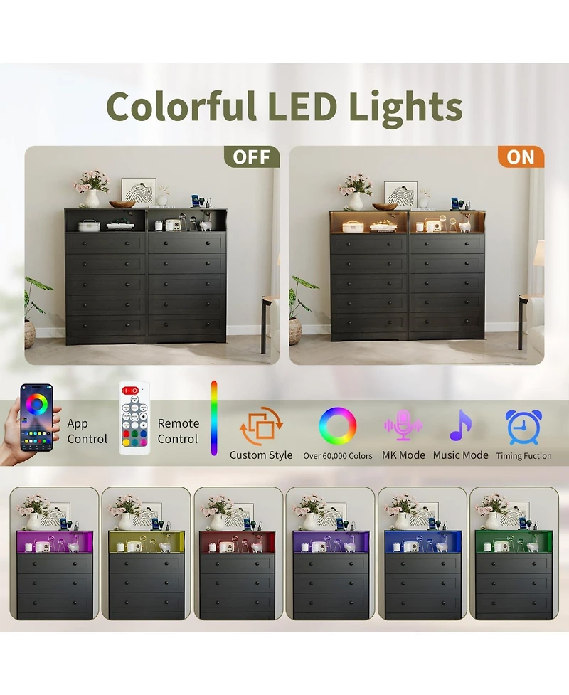 gaomon 5 Drawer Dresser with Open Shelf, Led Lights and Charging Station, Tall Wood Storage Cabinet for Bedroom