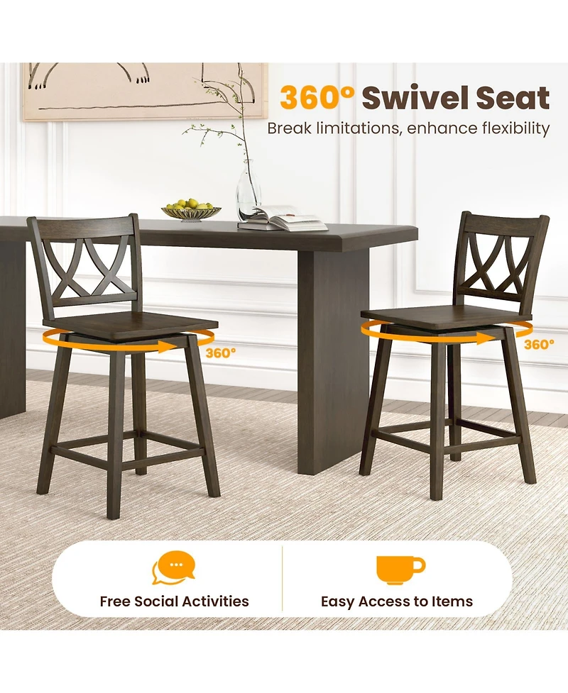 Slickblue 2 Piece Wooden Bar Stool Set Rubber Wood Frame Chairs