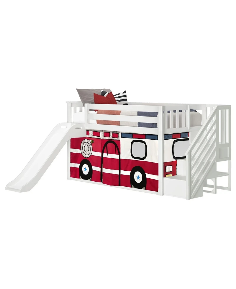 Max & Lily Low Twin over Bunk With Stairs, Easy Slide and Firetruck Curtain