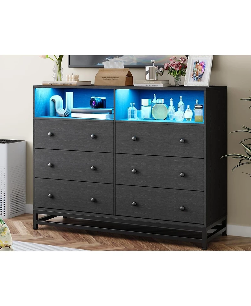 gaomon 6 Drawer Dresser with Led Lights and Power Outlet, Wooden Tv Stand Storage Cabinet for Bedroom