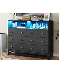 gaomon 6 Drawer Dresser with Led Lights and Power Outlet, Wooden Tv Stand Storage Cabinet for Bedroom