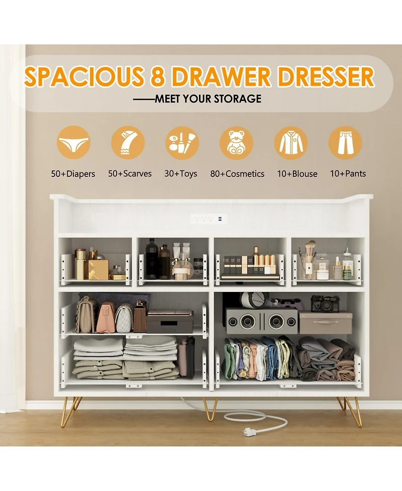 gaomon 8 Drawer Dresser with Led Lights, Charging Station and Open Shelf for Bedroom