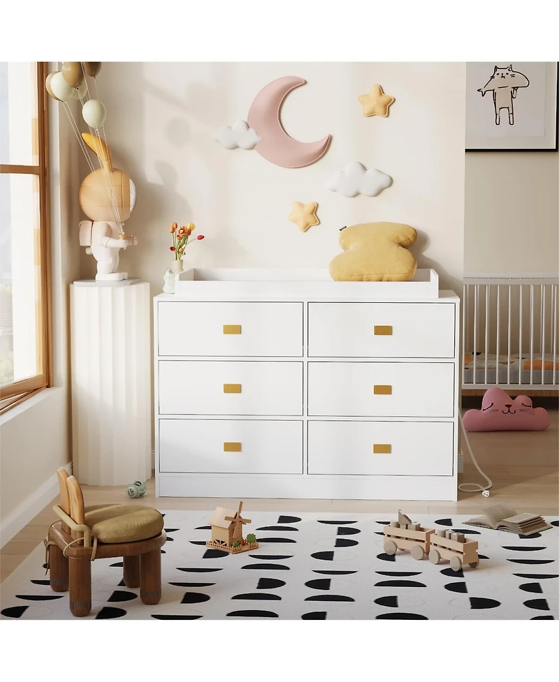 gaomon 6 Drawer Baby Changing Table Dresser with Power Outlets, Pad and Removable Top