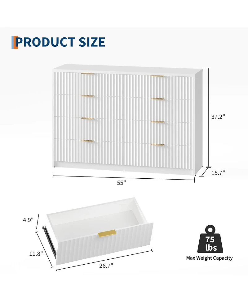 gaomon 8 Drawer Fluted Double Dresser with Metal Handles, Modern Wood Storage Chest for Bedroom Entryway