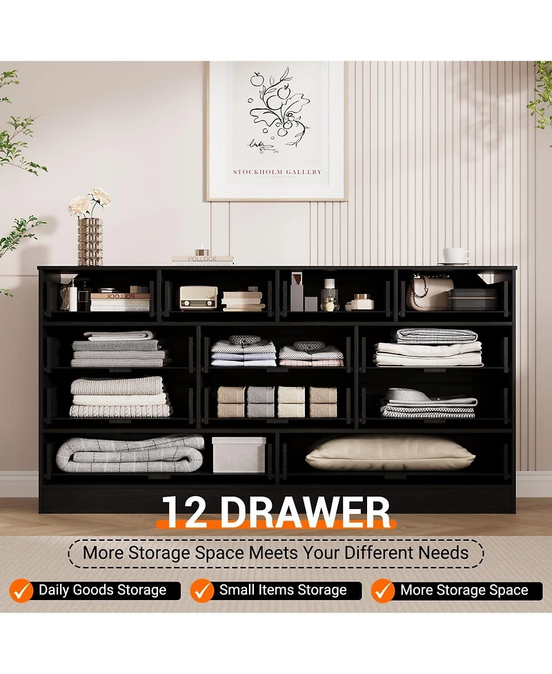 gaomon 12 Drawer Wood Dresser for Bedroom, 61" Wide Storage Cabinet Tv Stand 65" Tv, Chest Living Room