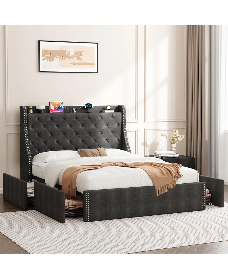 gaomon Upholstered Bed Frame with 4 Storage Drawers, Wingback Headboard and Charging Station