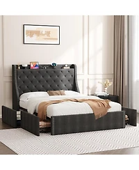 gaomon Upholstered Bed Frame with 4 Storage Drawers, Wingback Headboard and Charging Station